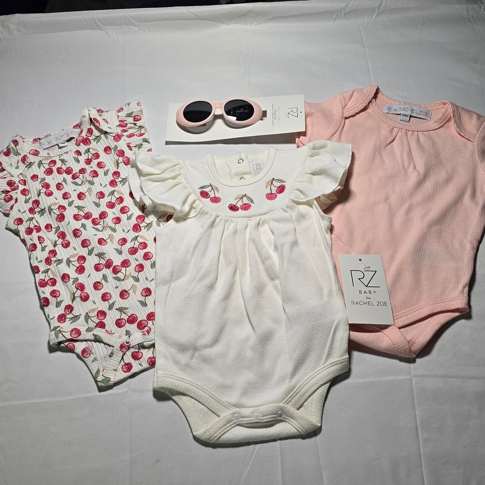 Rachel Zoe Baby 6-9m 4pc Set Bodysuits Sunglasses Cherry Print Pink White NWT